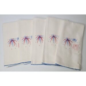 TAG Brand Dish Towel Embroidered Fireworks USA Patriotic Design White NEW RARE